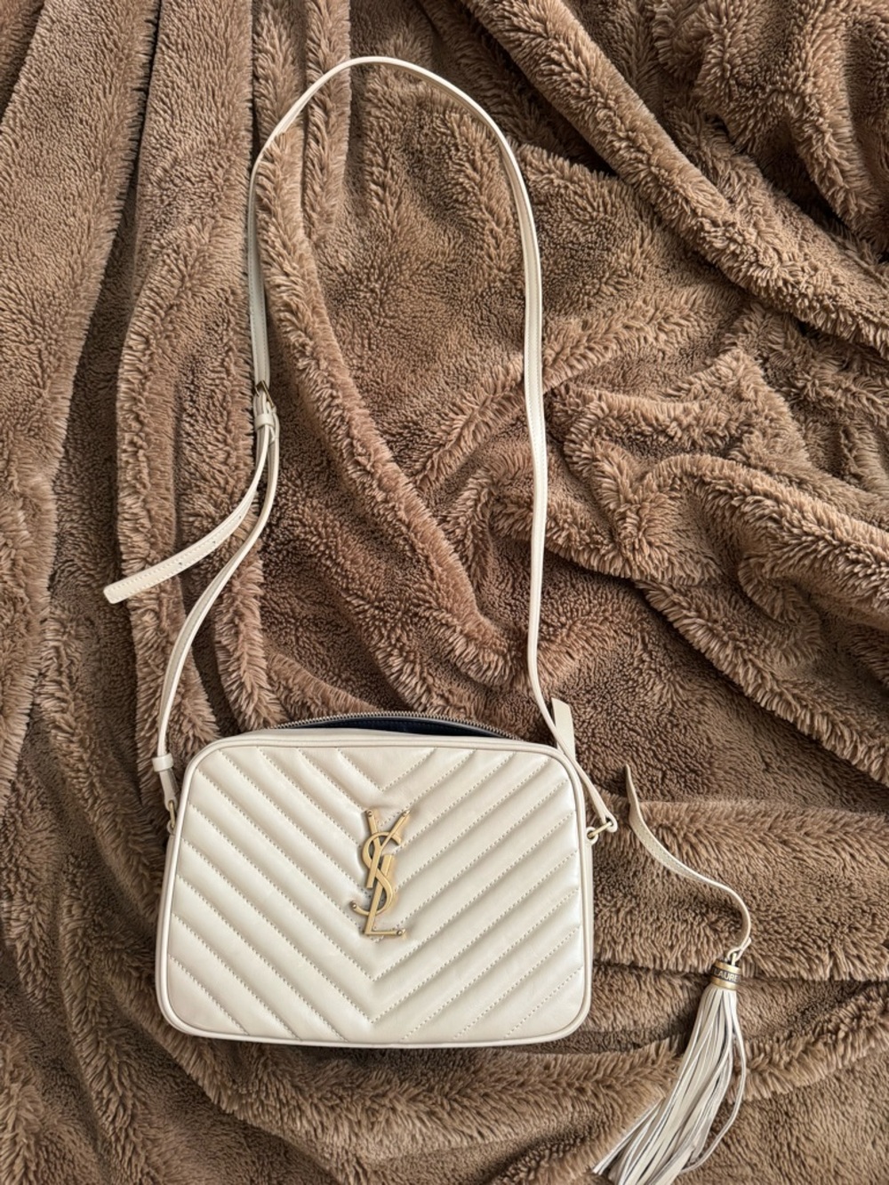 Saint Laurent Cream Quilted Leather Crossbody Camera Bag with Tassel